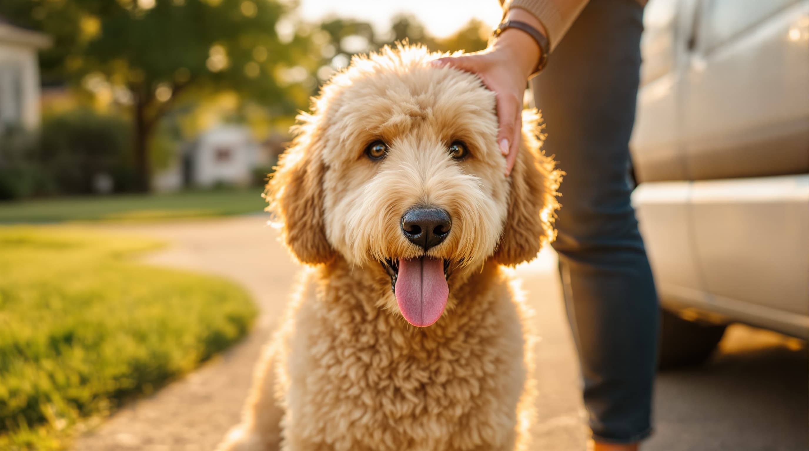 Freshly groomed goldendoodle sitting in a Huntsville Alabama driveway