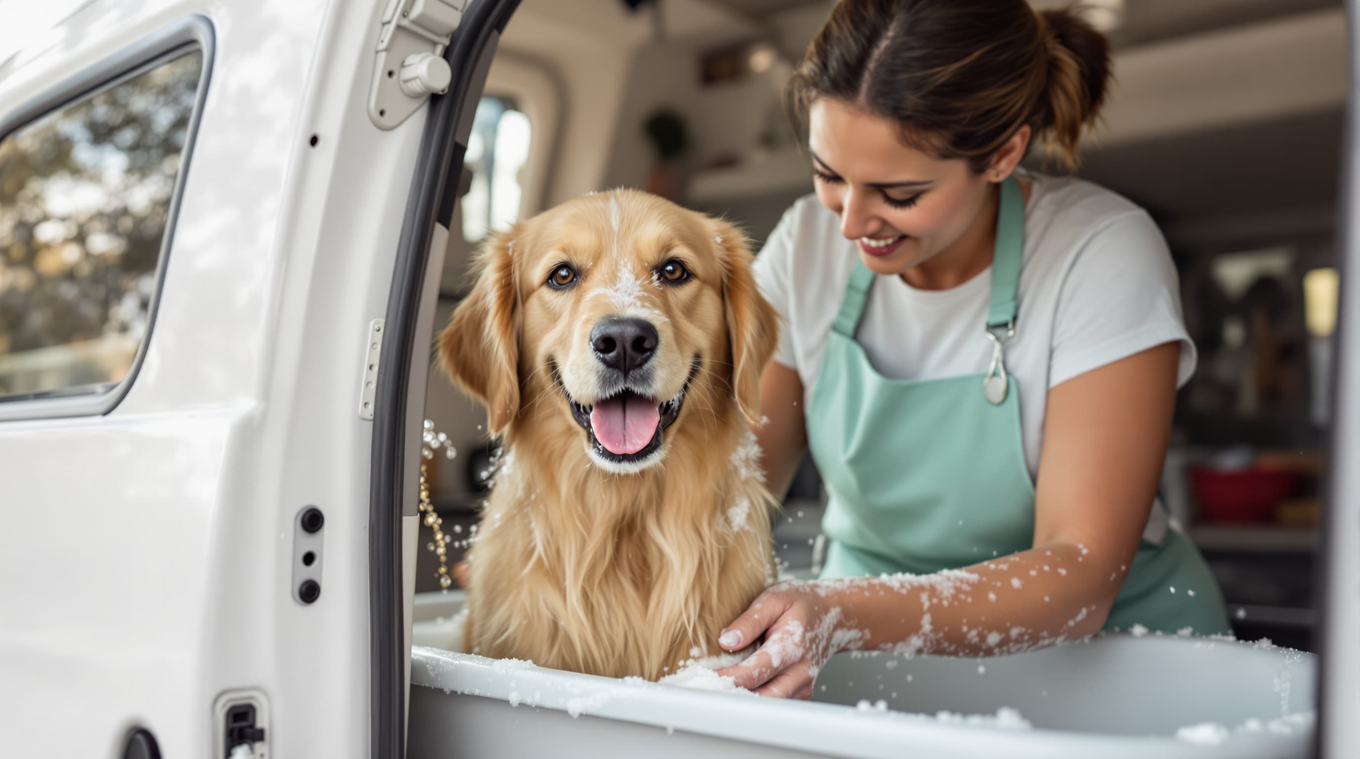 Female groomer washing a happy golden retriever puppy inside a mobile grooming van