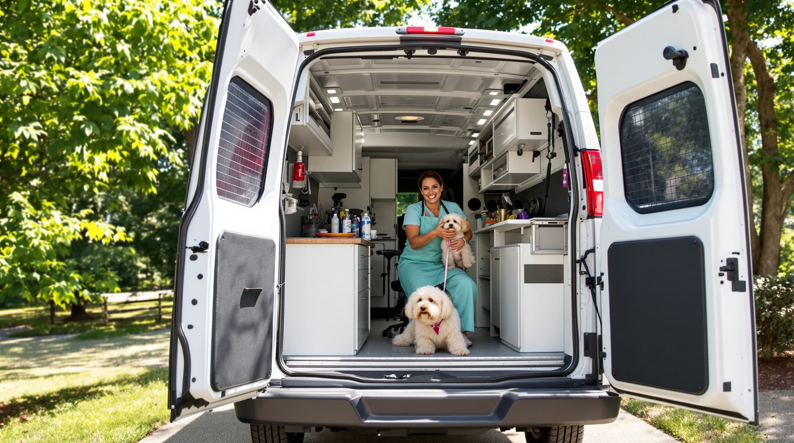 Mobile grooming van in Huntsville neighborhood with groomer ready to work